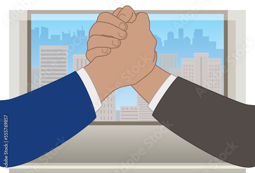 business men arm wrestling on office desk, closeup view, window showing buildings and city skyline in background