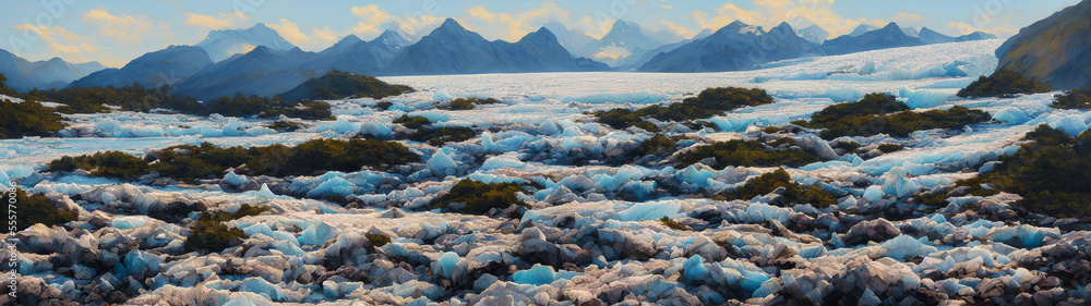 Painting of a iced glacial landscape, mountains over the lake, Generative AI