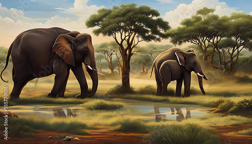 Beautiful elephant in its natural habitat on the savannah of Africa. The elephant is surrounded by tall grasses and the warm, golden hues of the setting sun. Generative AI