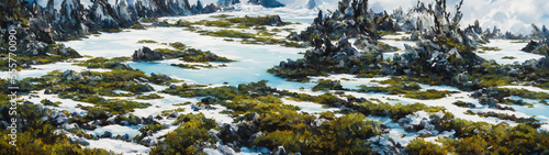 Painting of a iced glacial landscape  mountains over the lake  Generative AI