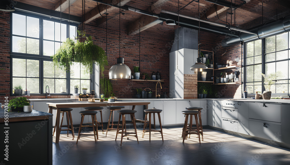 Kitchen in the loft style, characterized by an open and spacious layout, high ceilings, and industrial design elements such as exposed brick and metal beams. Generative AI