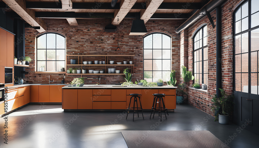 Kitchen in the loft style, characterized by an open and spacious layout ...