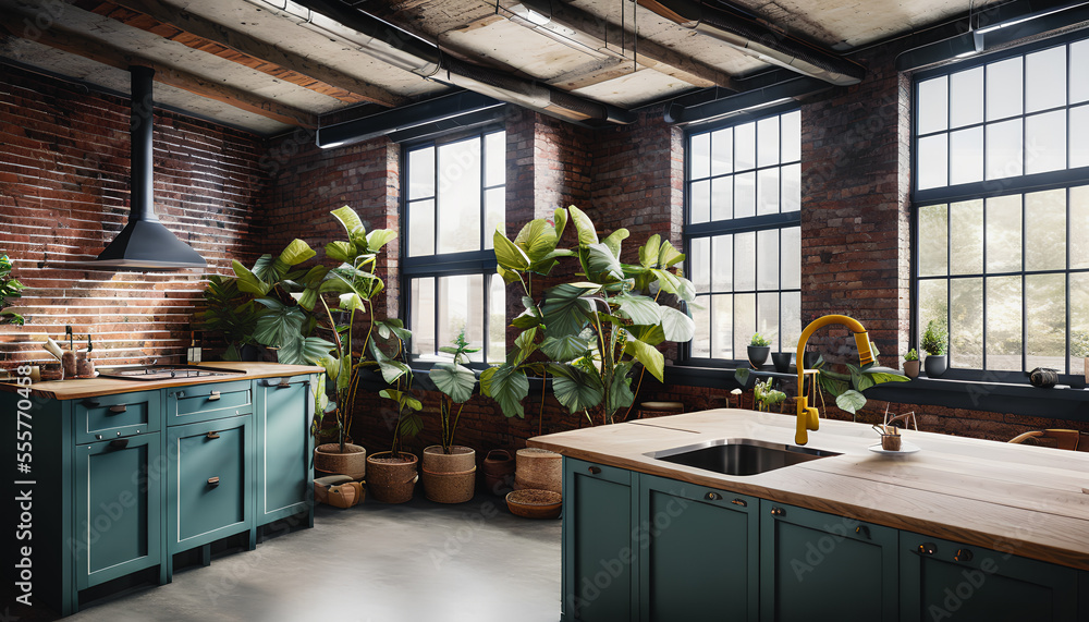 Kitchen in the loft style, characterized by an open and spacious layout ...