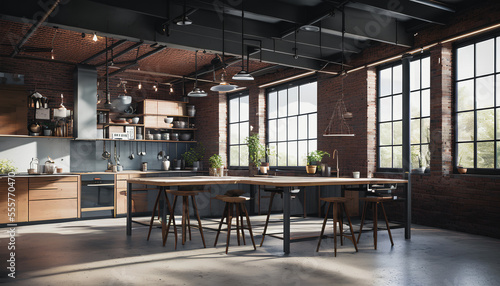 Kitchen in the loft style, characterized by an open and spacious layout, high ceilings, and industrial design elements such as exposed brick and metal beams. Generative AI © 4K_Heaven