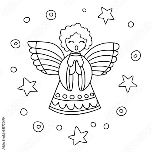 Christmas angel singing canons. Merry Christmas card. Hand drawn illustration. Vector