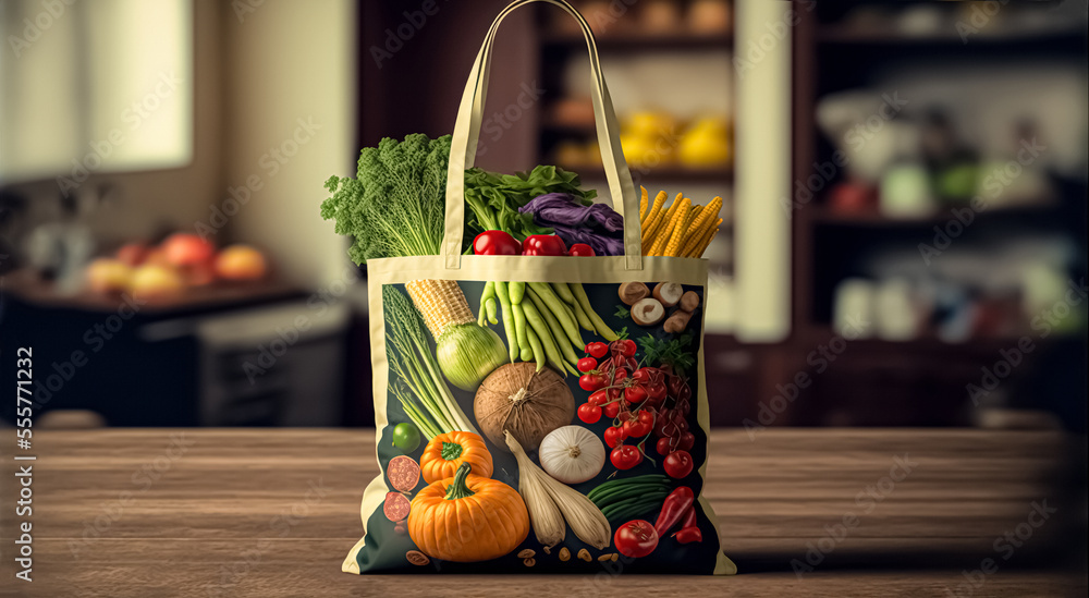 Eco friendly reusable shopping bag with vegetables on a wooden table against the backdrop of the Kitchen
