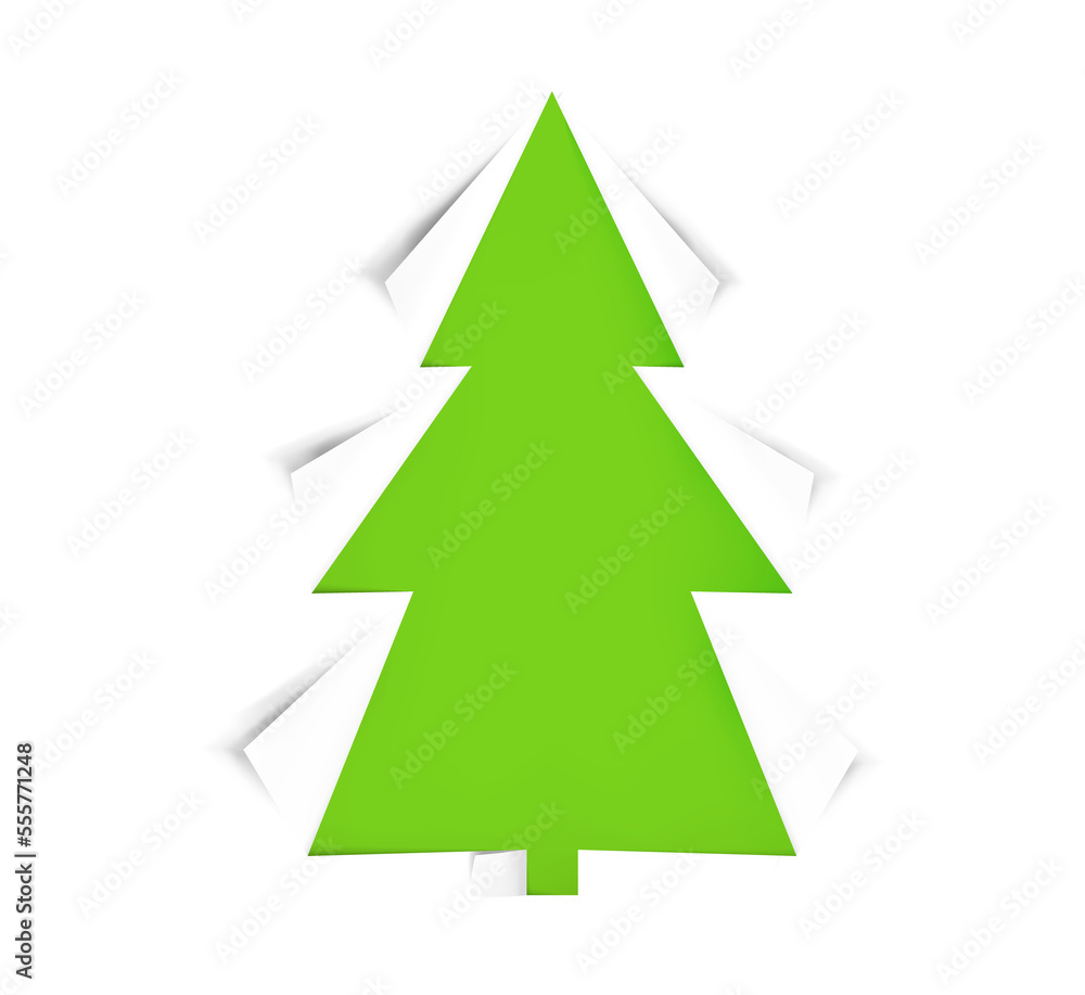 Christmas tree cut out of green and white paper, realistic icon isolated. Design for holiday cards. Modern abstract decor art on xmas. Glossy element. png