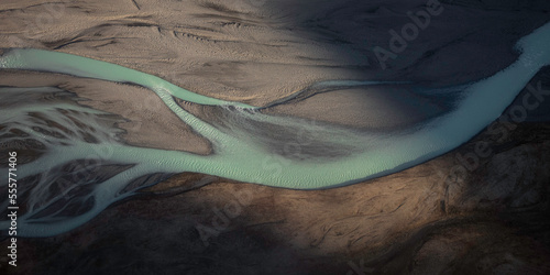 An aerial view of the braided Tasman River within Mount Cook National Park in New Zealand.
