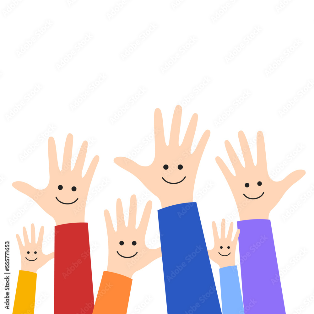 Raised hands vector illustration isolated on white background. Voting gesture, volunteer concept, hands up with smiling faces. Cartoon design Raised hands vector illustration isolated on white background. Voting gesture, volunteer concept, hands up with smiling faces. Cartoon design