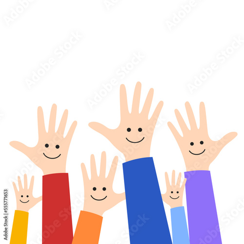 Raised hands vector illustration isolated on white background. Voting gesture, volunteer concept, hands up with smiling faces. Cartoon design