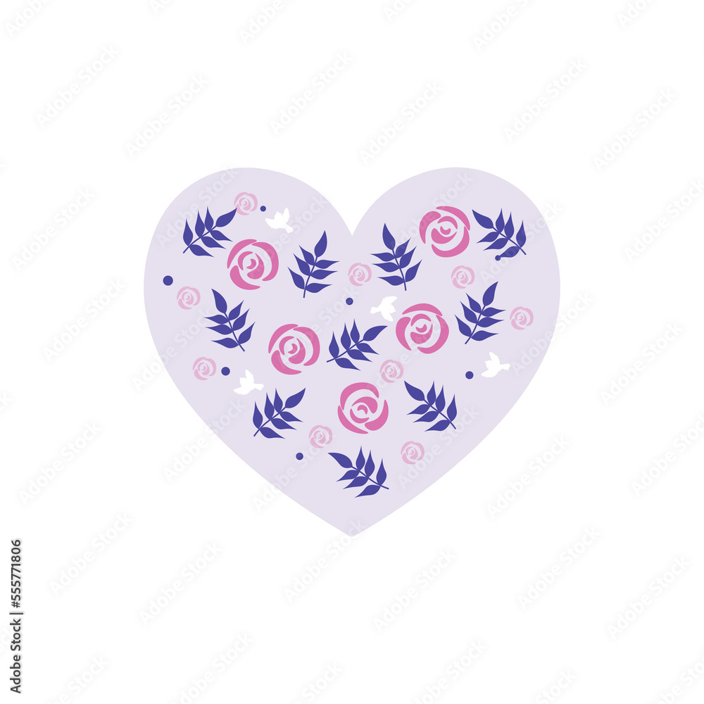 Beautiful heart shape with floral decor and birds on white background Beautiful heart shape with floral decor and birds on white background