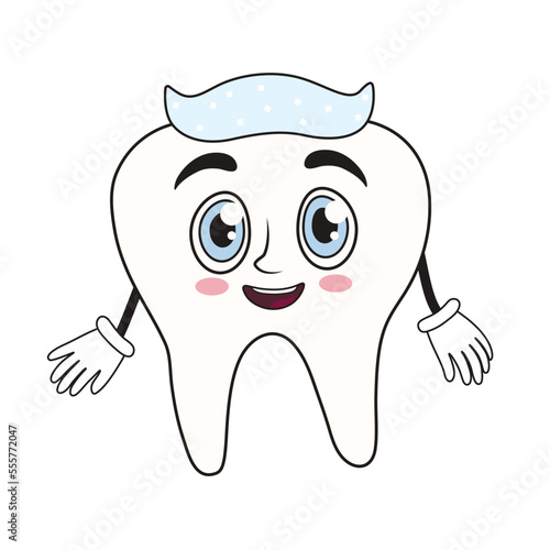 Happy tooth with paste on white background