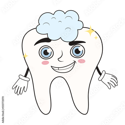 Happy tooth with toothpaste on white background