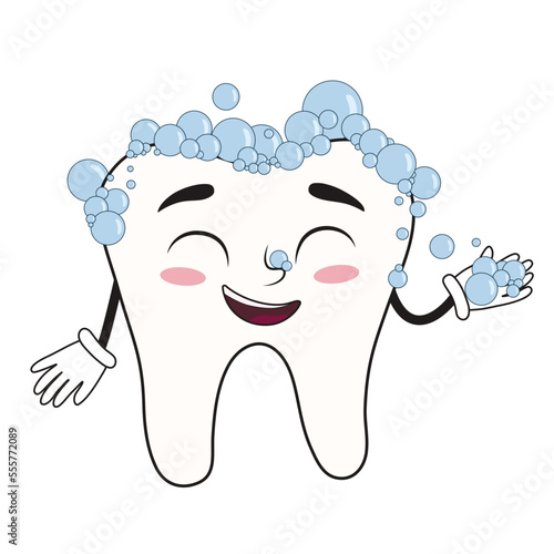 Happy tooth with bubbles of toothpaste on white background
