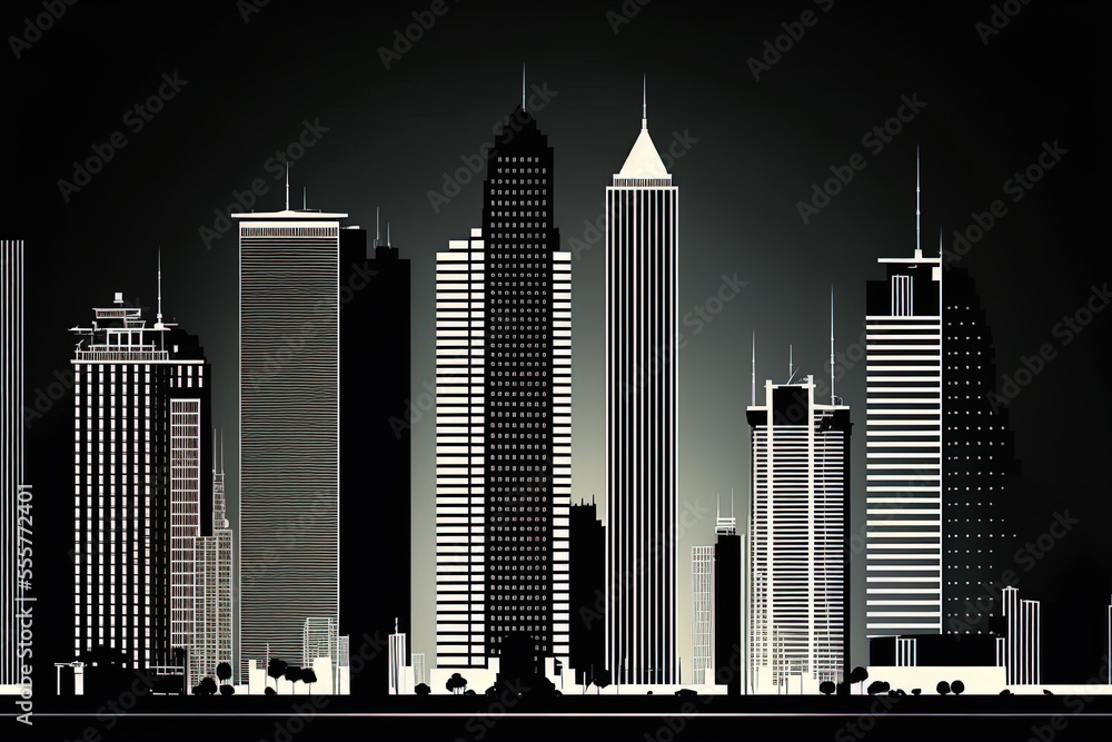 building lines Skyscrapers with modern silhouette, city with an industrial estate. a series of architectural and futuristic townhouse icons. Generative AI