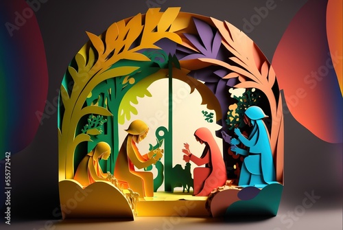 Nativity scene. Christian Christmas concept. Birth of Jesus Christ. Wooden manger in dark blue night. Banner, copy space. Jesus is reason for season. Salvation, Messiah, Emmanuel, God with us, hope