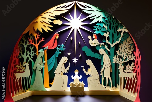 Nativity scene. Christian Christmas concept. Birth of Jesus Christ. Wooden manger in dark blue night. Banner, copy space. Jesus is reason for season. Salvation, Messiah, Emmanuel, God with us, hope