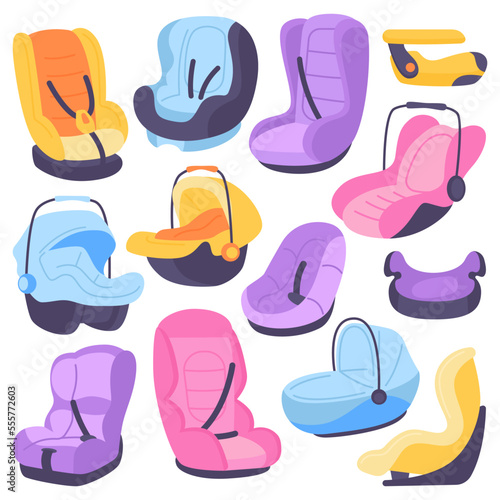 Baby car seats flat icons set. Baby carriage comfortable protective seats. Colorful safety chair with belt and strap