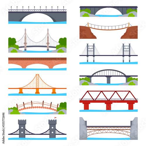 Bridges flat icons set. Structure carrying road, path, railroad across river. Passage to other coast