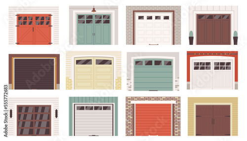 Garage door gates flat icons set. Wooden, metal and glass mechanized doors in car park