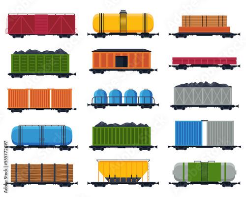 Trains with freight wagons flat icons set. Metal containers for transportation cargoes, loaded with wood, tank cars