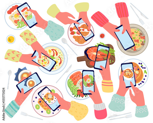 Food photo flat icons set. Photoshoot by smartphone for tasty trendy dishes. Pancakes, salmon with vegetables