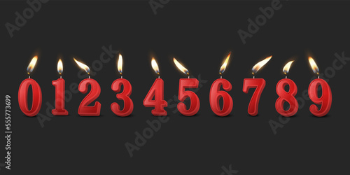 Vector 3d Realistic Paraffin or Wax Burning Red Birthday Party Candles, Numbers and Different Flame of a Candle Icon Set Isolated. Design Template, Clipart, Birthday Concept. Front View