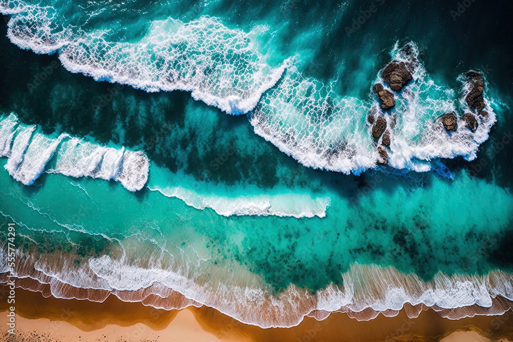 Beach on aerial drone top view with waves hitting the beach. Top view aerial shot taken from a flying drone of an incredibly gorgeous seascape. Ocean Wallcovering. Generative AI