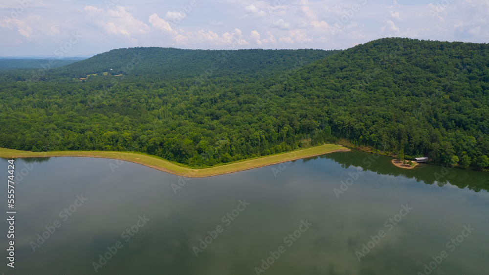 Aerial Landscape of river by the parcels of land in the woods full of green trees