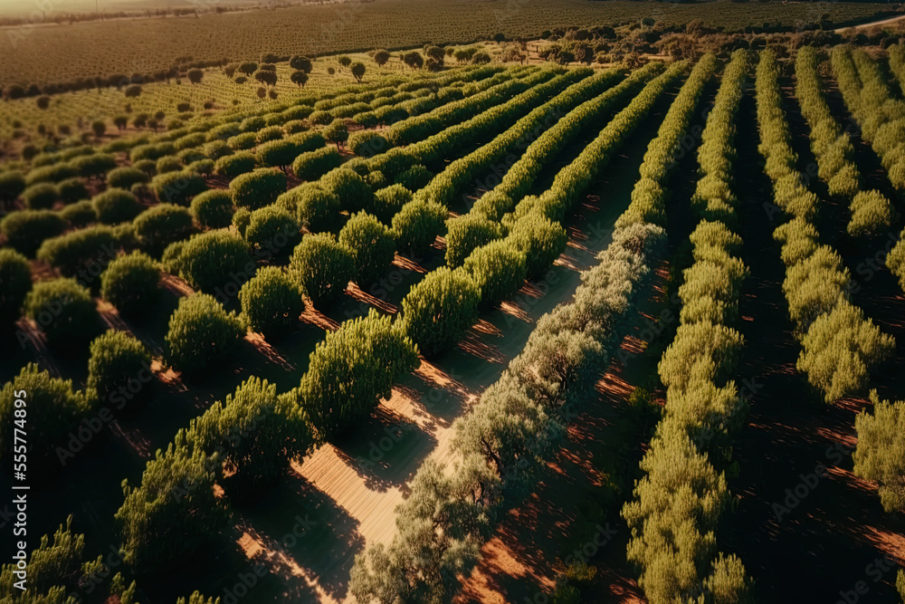 Fototapeta premium Beautiful agricultural plantations in aerial drone footage. Olive trees, vineyards, soy bean fields, and vegetable fields. Industrial scale, large scale production of environmentally friendly foods