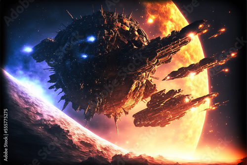 Fototapeta Naklejka Na Ścianę i Meble -  A huge alien megastructure spaceship in space, created with Generative AI