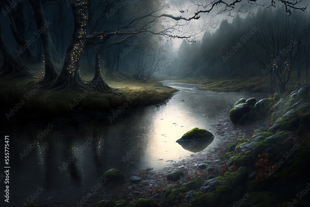 Beautiful scene of a woodland and a river shining in the setting light as it pierces the gloomy sky. Generative AI