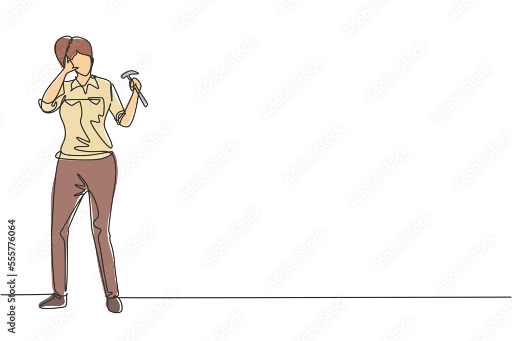 Single one line drawing female carpenter standing with call me gesture works for the wood industry and must be skilled at using carpentry tools. Continuous line draw design graphic vector illustration Single one line drawing female carpenter standing with call me gesture works for the wood industry and must be skilled at using carpentry tools. Continuous line draw design graphic vector illustration