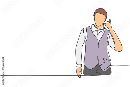Continuous one line drawing steward with call me gesture ready to serve airplane passengers in a friendly and warm manner. Professional person. Single line draw design vector graphic illustration