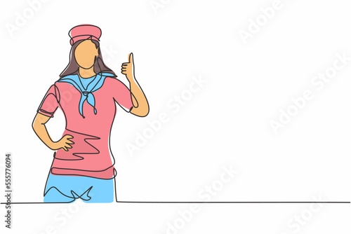 Single one line drawing of sailor woman with a thumbs-up gesture ready to sail across the seas in a ship that is headed by a captain. Modern continuous line draw design graphic vector illustration