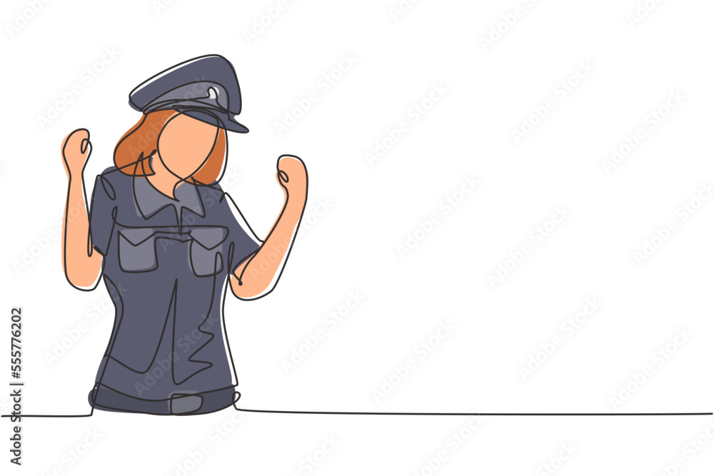 Continuous one line drawing policewoman with celebrate gesture and full uniform is ready to enforce traffic discipline on highway. Standby patrol. Single line draw design vector graphic illustration