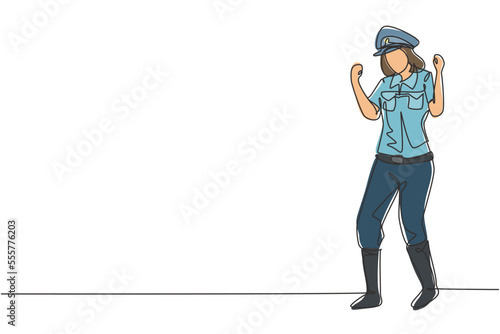 Continuous one line drawing policewoman standing with celebrate gesture and uniform works to control vehicle traffic on highway. Standby on patrol. Single line draw design vector graphic illustration