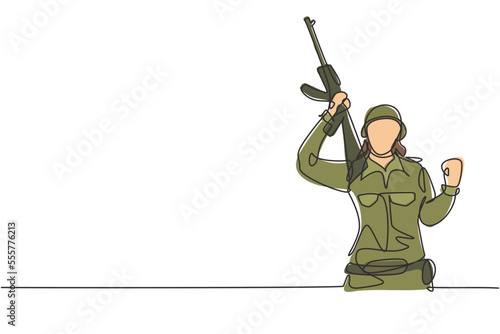 Single continuous line drawing female soldier with celebrate gesture, weapon and full uniform is ready to defend country on battlefield against enemy. One line draw graphic design vector illustration