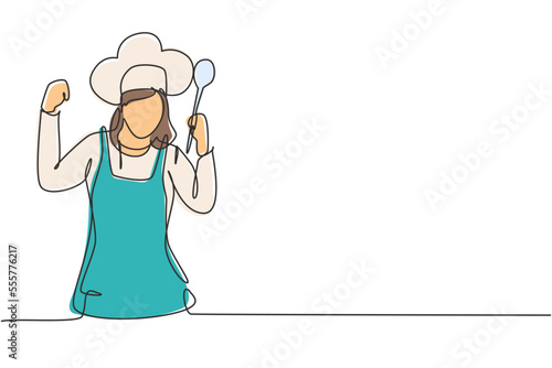 Single one line drawing female chef with celebrate gesture, holding spoon and wearing apron is ready to cook meals for restaurant guests. Modern continuous line draw design graphic vector illustration
