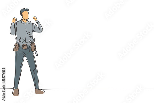 Single one line drawing handyman stands with celebrate gesture and tools such as pliers, screwdriver, hammer that is placed on his work shirt. Continuous line draw design graphic vector illustration