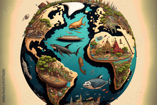 Cartoon globe map including wildlife and tourist destinations. Generative AI