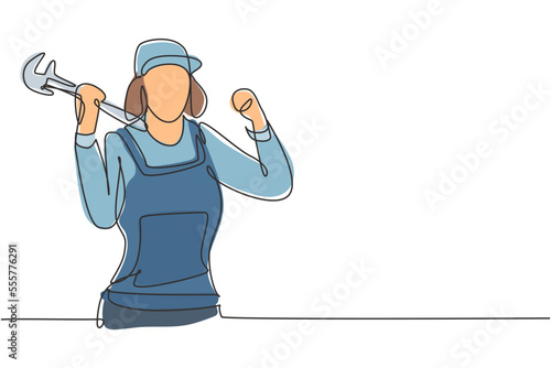 Single continuous line drawing female plumber with celebrate gesture ready to work on repairing leaking drain in sink and house's drains. Success job. One line draw graphic design vector illustration