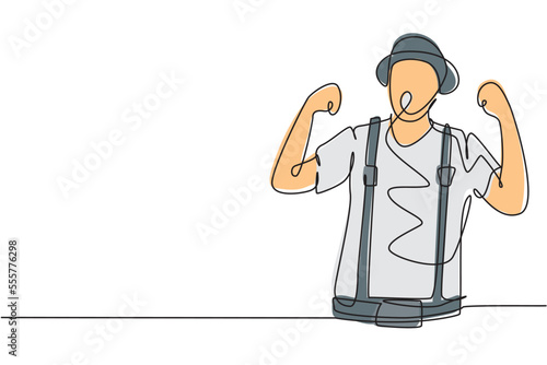 Single one line drawing mime artist with celebrate gesture and white face make-up puts on a silent motion comedy show at circus arena. Modern continuous line draw design graphic vector illustration