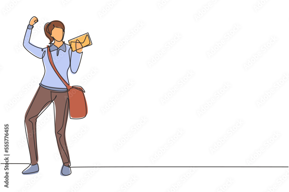Continuous one line drawing postwoman standing with celebrate gesture, wearing uniform, bag, and holding envelope delivering mail to home address. Single line draw design vector graphic illustration Continuous one line drawing postwoman standing with celebrate gesture, wearing uniform, bag, and holding envelope delivering mail to home address. Single line draw design vector graphic illustration