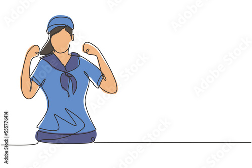 Single continuous line drawing sailor woman with celebrate gesture and scarf around her neck ready sail across seas in ship headed by captain. Dynamic one line draw graphic design vector illustration
