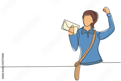 Single continuous line drawing postwoman with celebrate gesture, wearing uniform and sling bag holds envelope to delivered to home address. Dynamic one line draw graphic design vector illustration