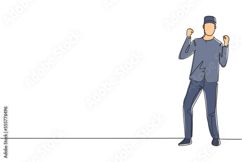 Single continuous line drawing hotel doorman stood with celebrate gesture and uniform working with great service and hospitality. Success job. Dynamic one line draw graphic design vector illustration