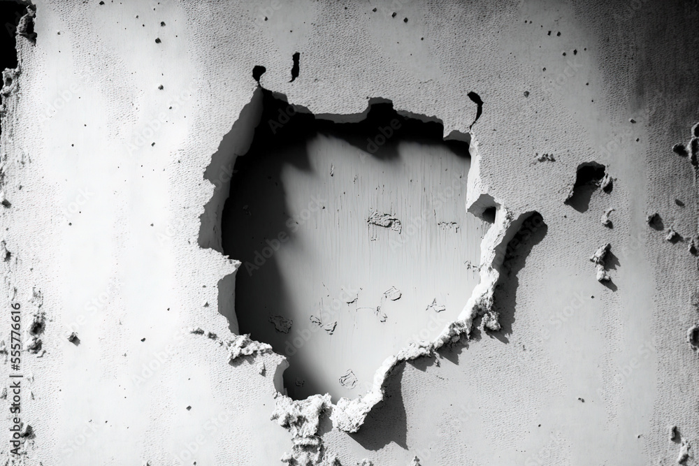 Broken plaster over painted dry wall made of cement and gypsum. flaked city facade on the