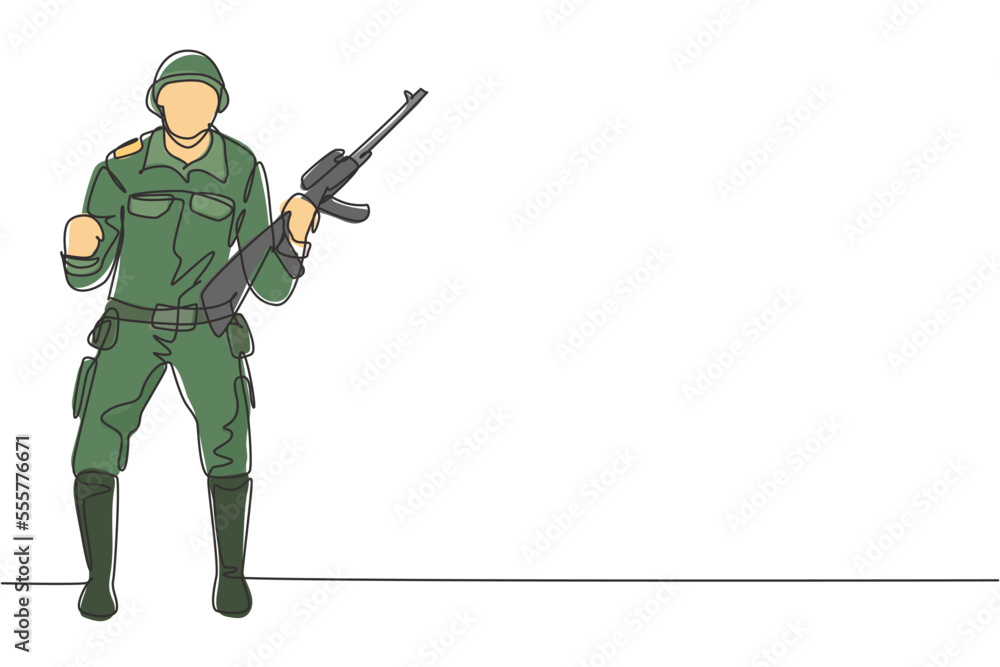 Continuous one line drawing soldier stands with weapon, full uniform, and celebrate gesture serving the country with strength of military forces. Single line draw design vector graphic illustration Continuous one line drawing soldier stands with weapon, full uniform, and celebrate gesture serving the country with strength of military forces. Single line draw design vector graphic illustration