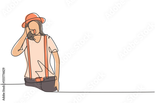 Single continuous line drawing female mime artist with call me gesture and white face make-up puts on a silent motion comedy show at circus arena. One line draw graphic design vector illustration